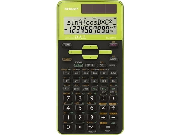 Sharp EL-531TG, Tasku, Funktiolaskin, 10 lukua, 2 linjat, Akku/Aurinko, Musta, Vihreä