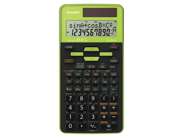 Sharp EL-531TG, Tasku, Funktiolaskin, 10 lukua, 2 linjat, Akku/Aurinko, Musta, Vihreä musta, Vihreä