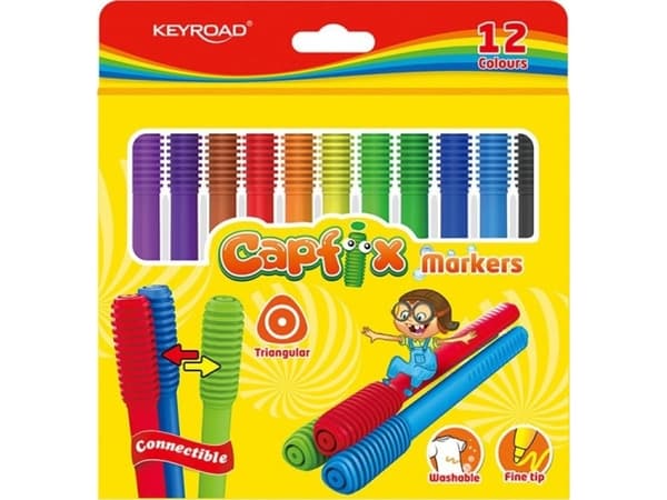 Keyroad felt-tip pens KEYROAD Capfix Markers, 12pcs, triangular, washable, combined, pendant, assorted colors
