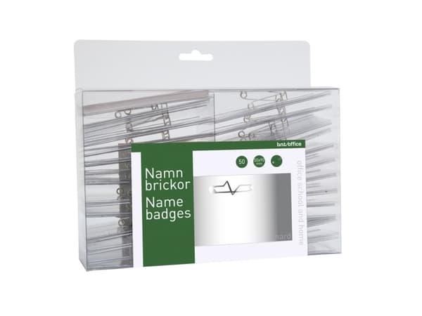 Navneskilte 50x90mm hvid m/sikkerhedsnål & indstik - (50 stk.)