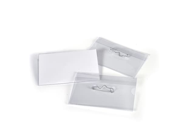 Navneskilte 50x90mm hvid m/sikkerhedsnål & indstik - (50 stk.)