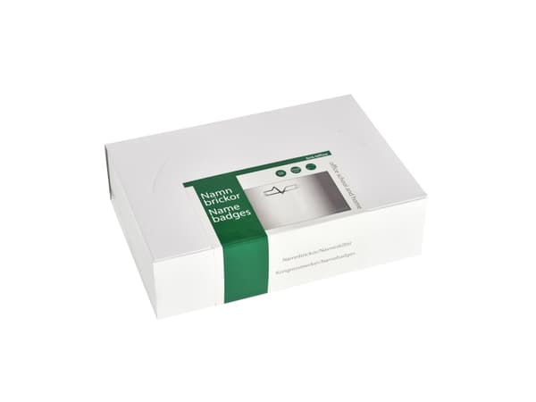 Navneskilte 50x90mm hvid m/sikkerhedsnål & indstik - (50 stk.)