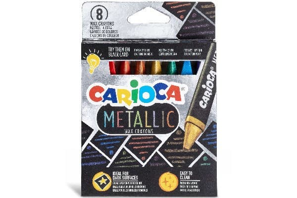 Carioca Metallic Maxi Wax, 8 stycken, blå, guld, grön, orange, rosa, röd, lila, gul, triangel, vax, pojke/flicka, hängande låda