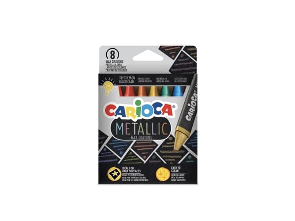 Carioca Metallic Maxi Wax, 8 stycken, blå, guld, grön, orange, rosa, röd, lila, gul, triangel, vax, pojke/flicka, hängande låda