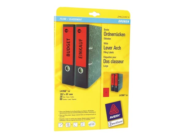 Avery L4766 - Rød - 61 x 192 mm 80 stk (20 ark x 4) filmappeetiketter