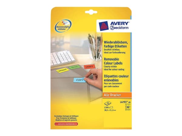Avery Zweckform - Fjernbart adhesiv - gul - 38.1 x 21.2 mm 1300 etikett(er) (20 ark x 65) merkelapper