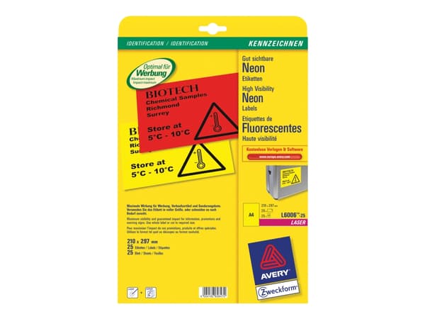 Avery Zweckform L6006 - Aftageligt klæbemiddel - neongul - A4 (210 x 297 mm) 25 etikett(r) (25 ark x 1) etiketter