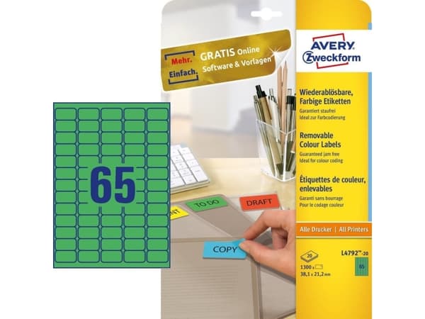 Avery L4792-20, Vihreä, 38.1 x 21.1 mm, A4, Paperi, 1300 kpl, 65 kpl