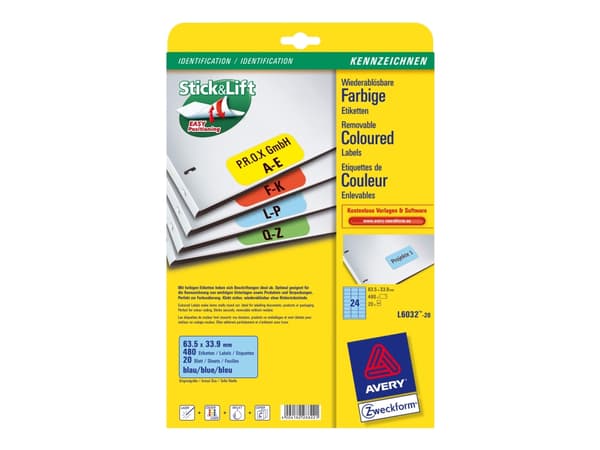 Avery L6032 - Fjernbart adhesiv - blå - 63.5 x 33.9 mm 480 etikett(er) (20 ark x 24) merkelapper