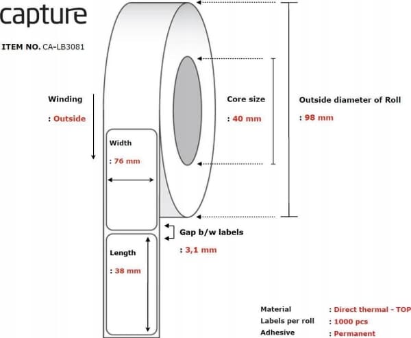 Capture - Permanent häftning - vit - 76 x 38 mm 12000 etikett (er) (12 rulle/rullar x 1000) box - etiketter