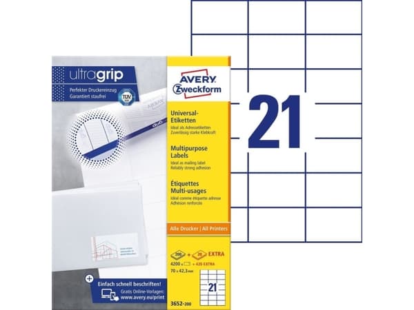 Avery Zweckform 3652 - Hvit - 42.3 x 70 mm 4200 etikett(er) (21 ark x 200) flerbruks merkelapper