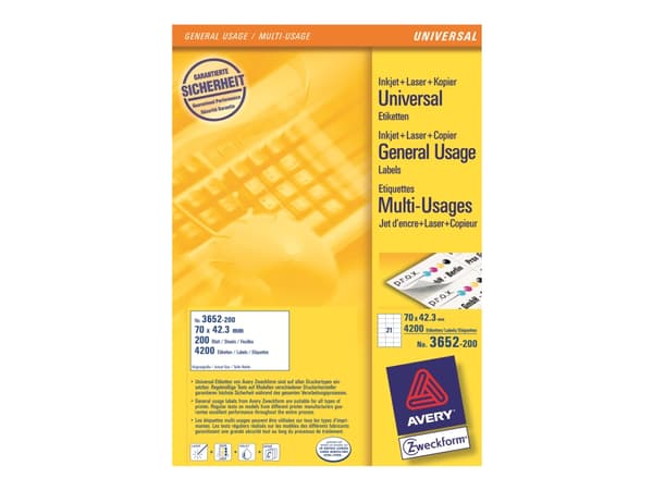 Avery Zweckform 3652 - Hvit - 42.3 x 70 mm 4200 etikett(er) (21 ark x 200) flerbruks merkelapper