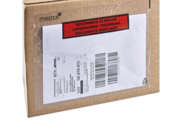 Følgeseddellomme i genbrugsplast LD m/tryk 240x140mm 1000stk/kar Plast40/Plast20/Papir46