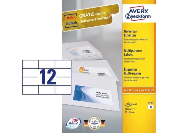 Avery Zweckform 6131, Hvit, Rektangel, Permanent, 70 x 36 mm, A5, Papir