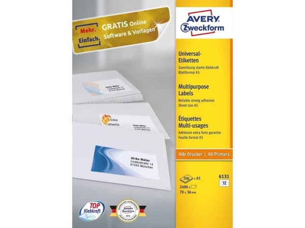 Avery Zweckform 6131, Hvit, Rektangel, Permanent, 70 x 36 mm, A5, Papir