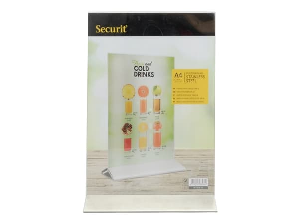 Securit® A4-kokoinen esittelykehys ruostumattomasta teräksestä valmistetulla jalustalla