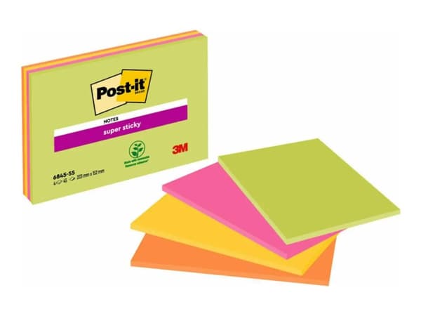 Post-it Super Sticky 6845-SS - Klistrelapper - large - 152 x 203 mm - 180 ark (4 x 45) - grønn, oransje, rosa, gul