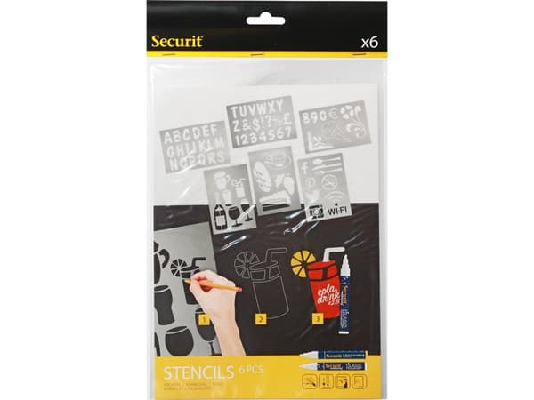 Securit® stencilset med sex bokstäver, siffror och former