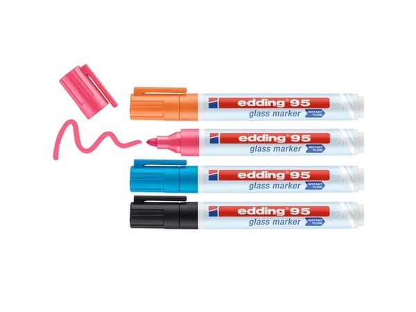 Edding 95 Glass, 4 styck, Svart, Blå, Orange, Rosa, Rundad spets, Multifärg, Plast, 1,5 mm