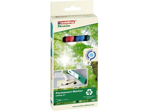 edding EcoLine 21 - Markering - permanent - för glas, metall, plast - svart, röd, blå, grön - 1.5-3 mm (paket om 4)