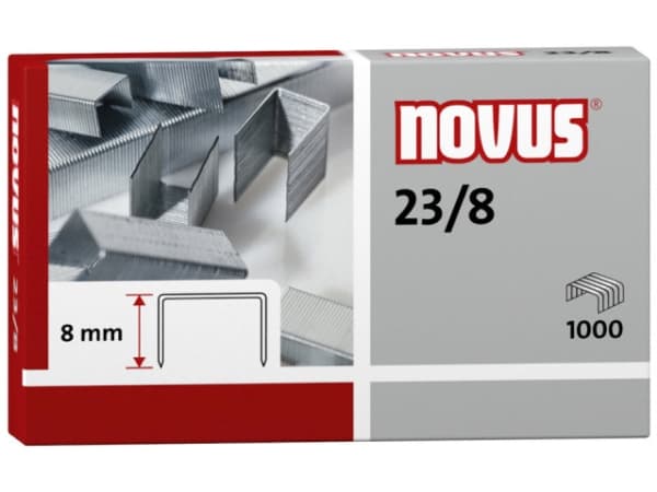 Novus 23/8, Pakke med stifter, 8 mm, Festing, 1000 stifter, Rustfritt stål, 50 ark