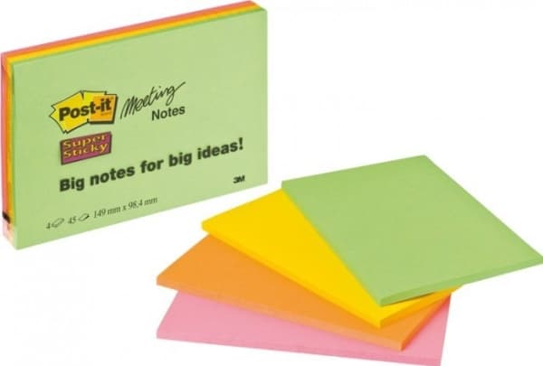 Post-it® Super Sticky Meeting Notes, 152 x 101 mm, ass. farver 4 blokke