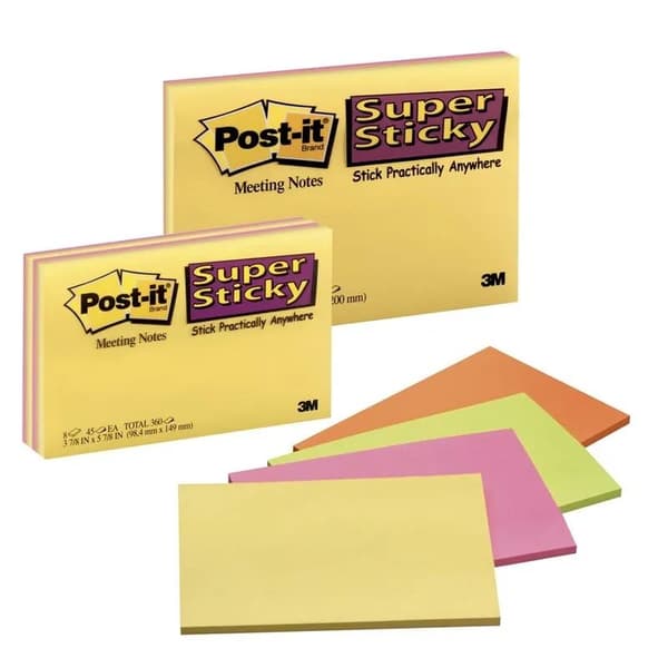 Post-it® Super Sticky Meeting Notes, 152 x 101 mm, ass. farver 4 blokke