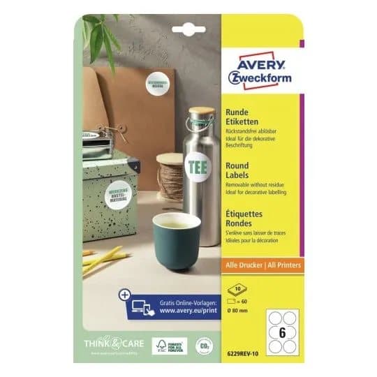 Avery 6229REV-10, Valkoinen, Pyöreä, Irroitettava, A4, Paperi, Universaali