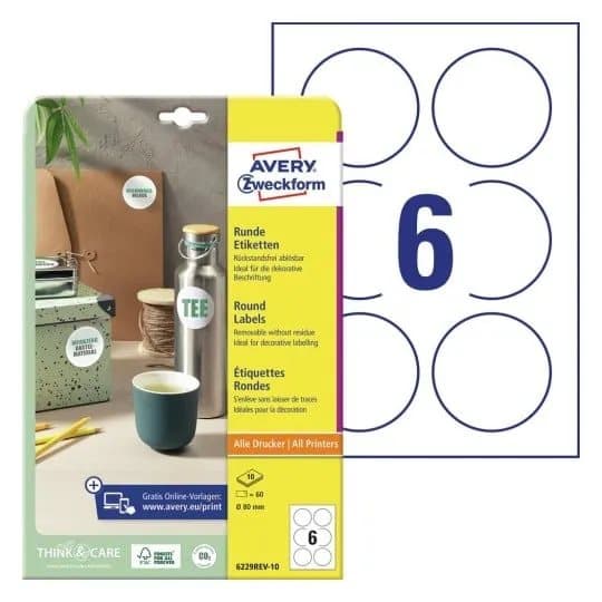 Avery 6229REV-10, Hvit, Rund, Avtagbar, A4, Papir, Universal
