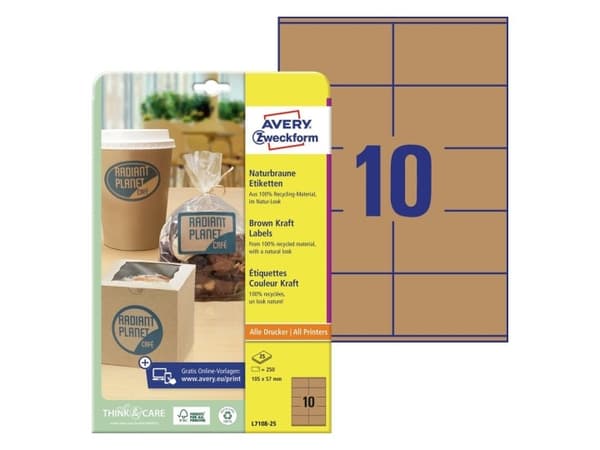 Avery L7108-25 Ruskeat voimapaperitarrat, 105 x 57 mm, A4, päällystämätön, ruskea ruskea 3260x2160x80mm (25ZP) - (25 zp per laatikko) - (25 zp per la