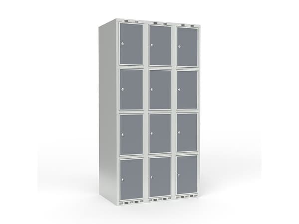 Koulukaappi 3x300 Suora katto 4 lokeroa korkeudella Vaaleanharmaa laminaattiovi Sylinterilukko