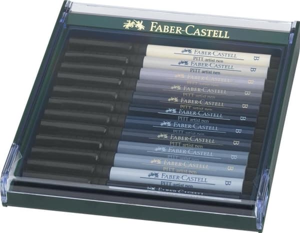 Faber-Castell PITT Artist Pen B - Penselpenna - permanent - gråa färger av olika slag - india bläck (paket om 12)