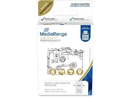 MediaRange MRBTZ121, Svart på gjennomsiktig, Kontinuerlig etikett, Plast, Brother, P-Touch 1000, 1010, 1080, 1090, 1260VP, 1280, 1280DT, 1290, 1750,