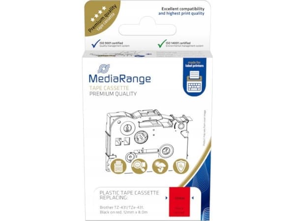 MediaRange - Laminert - permanet adhesiv - svart på rødt - Rull (1,2 cm x 8 m) 1 kassett(er) hengeboks - merketape (alternativ for: Brother TZ-431, B