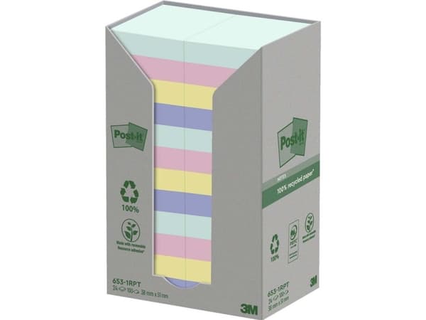 Post-it 653-1RPT - Noter - 38 x 51 mm - 2400 ark (24 x 100) - blå, grønn, lysegrønn, grå