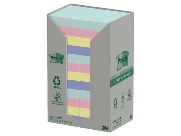 Post-it 653-1RPT - Noter - 38 x 51 mm - 2400 ark (24 x 100) - blå, grønn, lysegrønn, grå