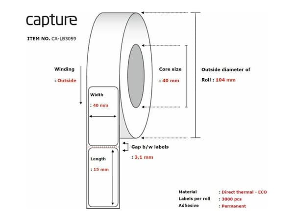 Capture - Øko-papir - permanent klæbemiddel - ubelagt - hvit - 40 x 15 mm 36000 etikett(r) (12 rulle(r) x 3000) boks - etiketter