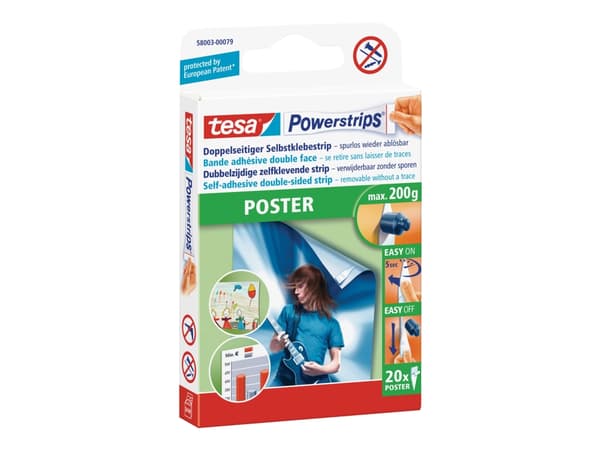 TESA Powerstrips® POSTER, Kiinnitysteippi, Valkoinen, Sisätila, 0,2 kg