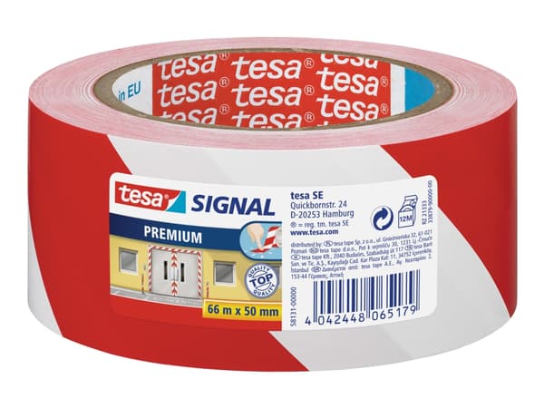 Advarselstape Tesa Signal Premium, 50 mm x 66 m, rød/hvid