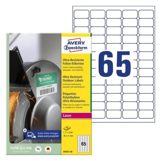 Avery B7651-50, Hvit, Rektangel, Permanent, 38 x 21 mm, A4, Teslin