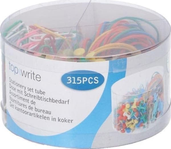 Topwrite - kontortilbehør: binders, thumbsticks, viskelær i en praktisk beholder på 315 stk.