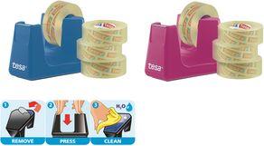 tesa Easy Cut Smart + 4 rullar tesafilm transparent 33m:19mm - robust dispenser med halkskydd i rosa och transparent självhäftande film