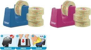 tesa Easy Cut Smart + 4 rullar tesafilm transparent 33m:19mm - robust dispenser med halkskydd i rosa och transparent självhäftande film