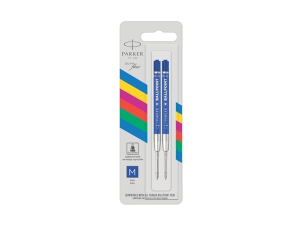 Parker Quinkflow, Blå, Medium, Blå, Rustfritt stål, Kulepenn, Blister, 2 stykker