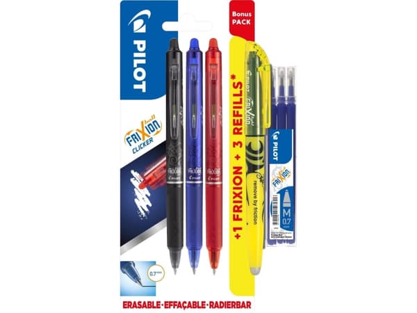 Pilot FriXion Clicker 0,7 Bonuspack med 3 stk. ass. farver - inkl. overstregningspen og 3 refills