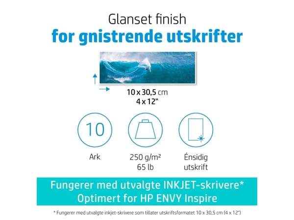 HP Advanced - Blank - 10,5 mille - 102 x 305 mm - 250 g/m² - 65 pund - 10 ark fotopapir - for ENVY Inspire 7920e