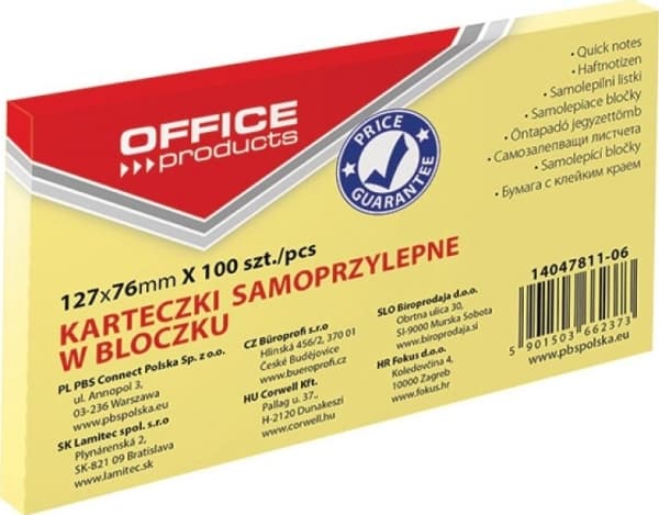 Office Products Bloczek samoprzylepny OFFICE PRODUCTS, 127x76mm, 1x100 kart., pastel, jaznożółty