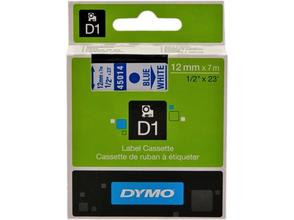 Teksttape, Dymo D1, 12 mm, blå/hvid