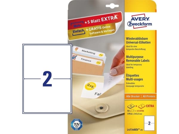 Avery L4734REV-25, Valkoinen, Itse kiinnittyvä tulostintarra, A4, Paperi, Laser/Inkjet, Irroitettava