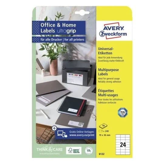 Avery 6122, Hvit, A4, Papir, Laser/Blekkskriver, Permanent, FSC Mix Credit